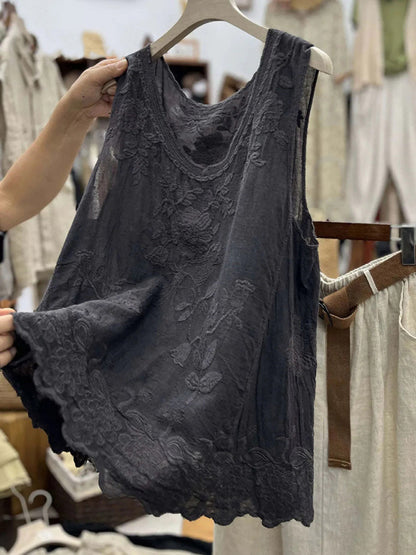Eloisa Lace Scalloped Tank Top - Black
