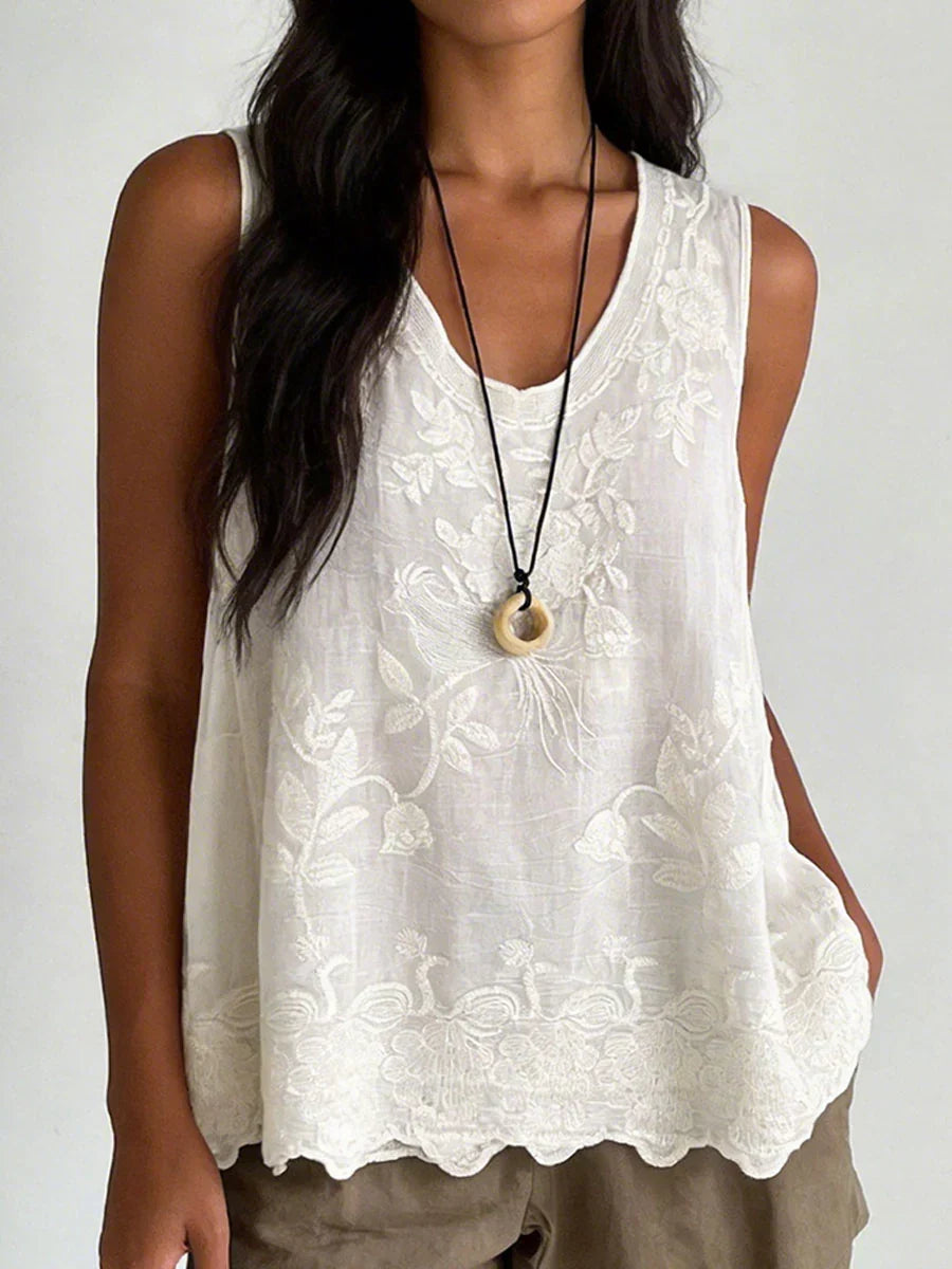 Eloisa Lace Scalloped Tank Top - White