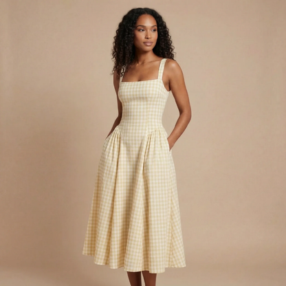 Cream gingham midi dress with fitted bodice and side pockets for women