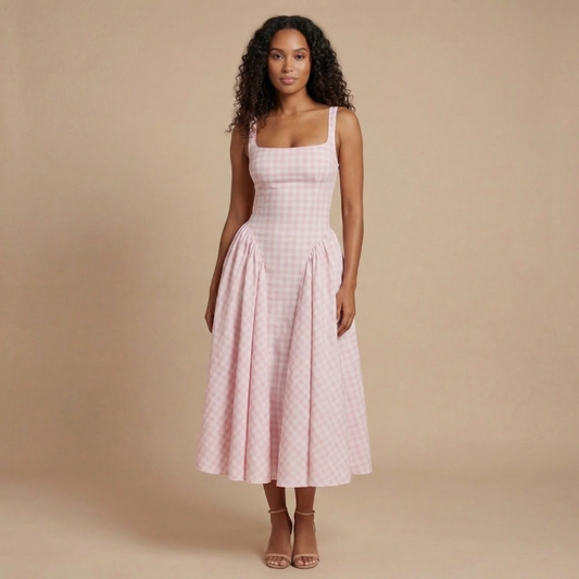 Pink gingham square neck midi dress with A-line skirt for women