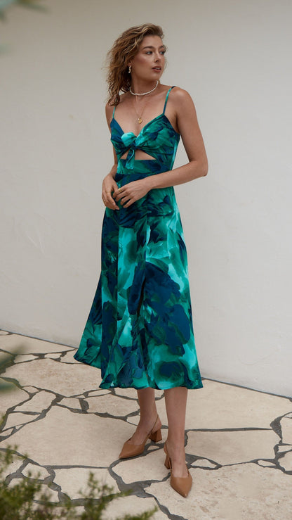 Teal and navy abstract print cutout midi dress with twisted front detail and spaghetti straps