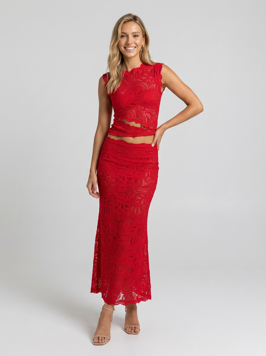 Elowyn Cutout Lace Skirt Set - Red