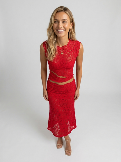 Elowyn Cutout Lace Skirt Set - Red