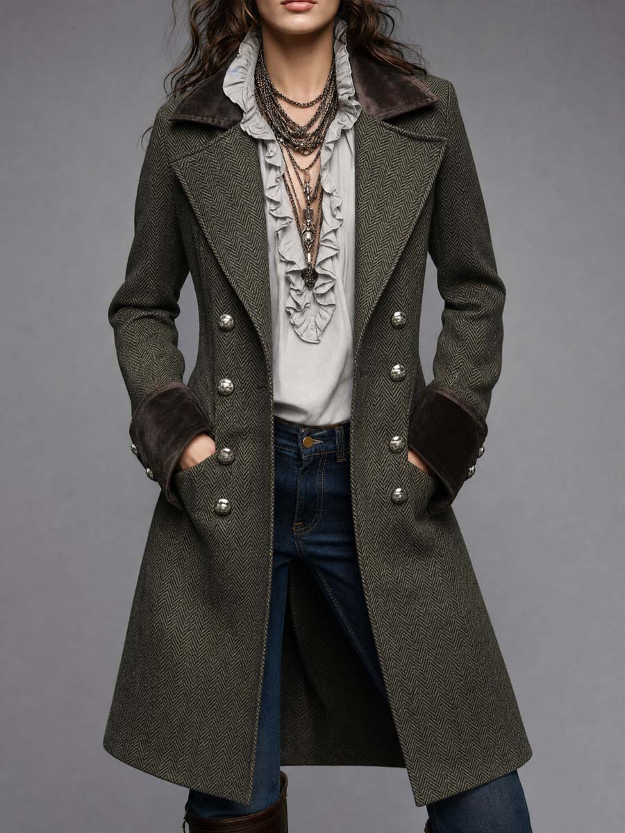 Emberly Herringbone Military Coat - Olive