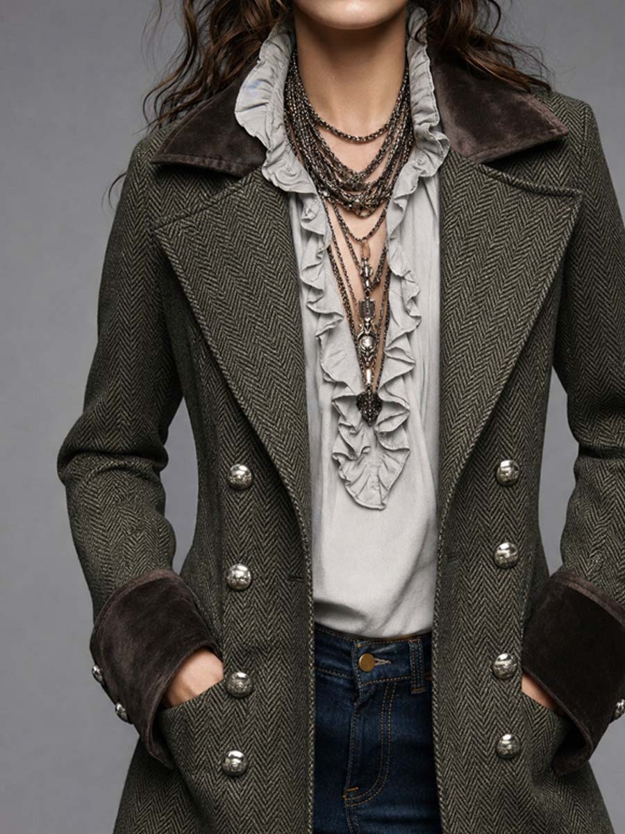 Emberly Herringbone Military Coat - Olive