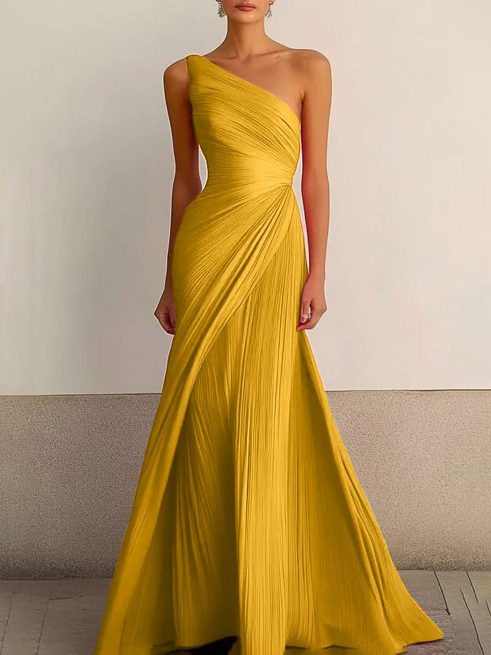 Emberlyn One Shoulder Pleated Gown - Golden Yellow