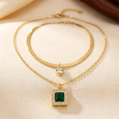 Emberlynn Layered Green Stone Necklace - Gold