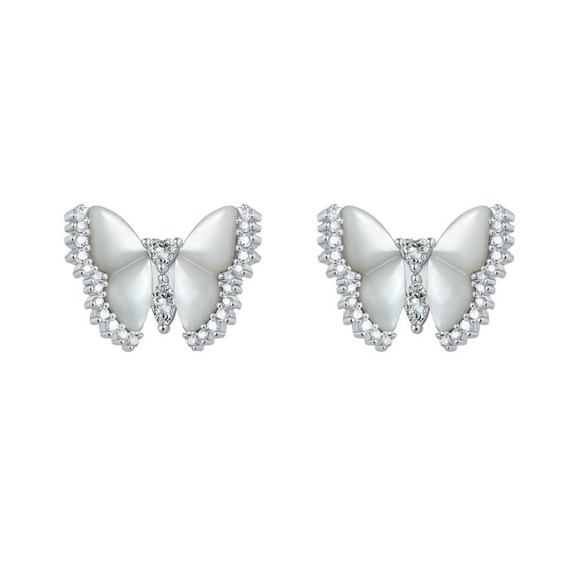 Emeline Pearl Butterfly Stud Earrings - Silver