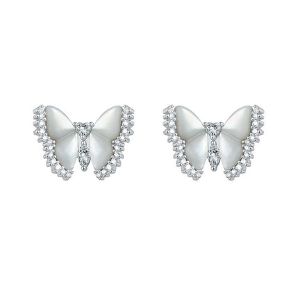 Emeline Pearl Butterfly Stud Earrings - Silver