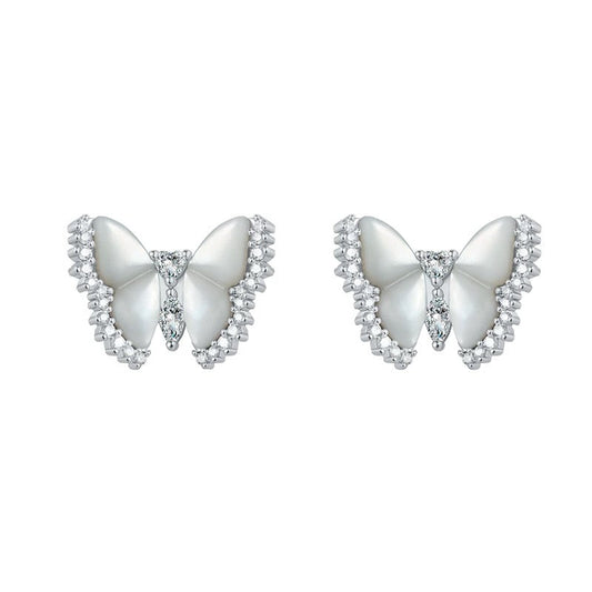 Emeline Pearl Butterfly Stud Earrings - Silver