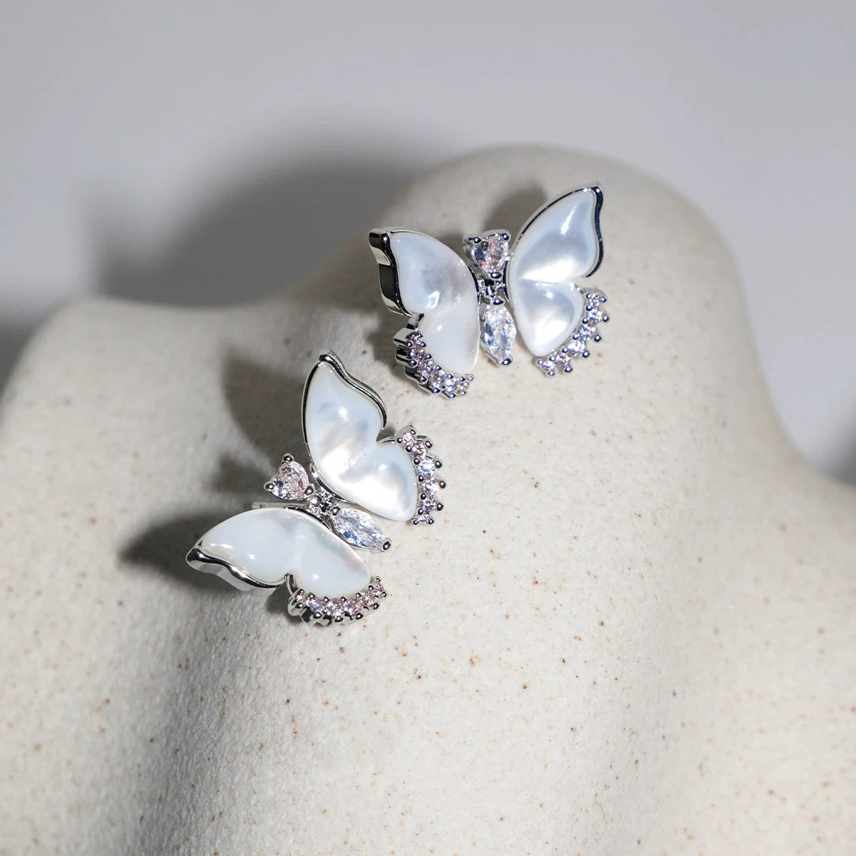 Emeline Pearl Butterfly Stud Earrings - Silver