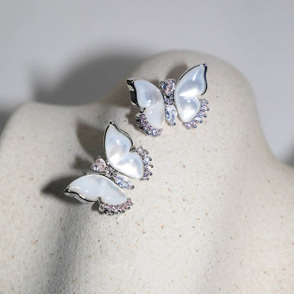 Emeline Pearl Butterfly Stud Earrings - Silver