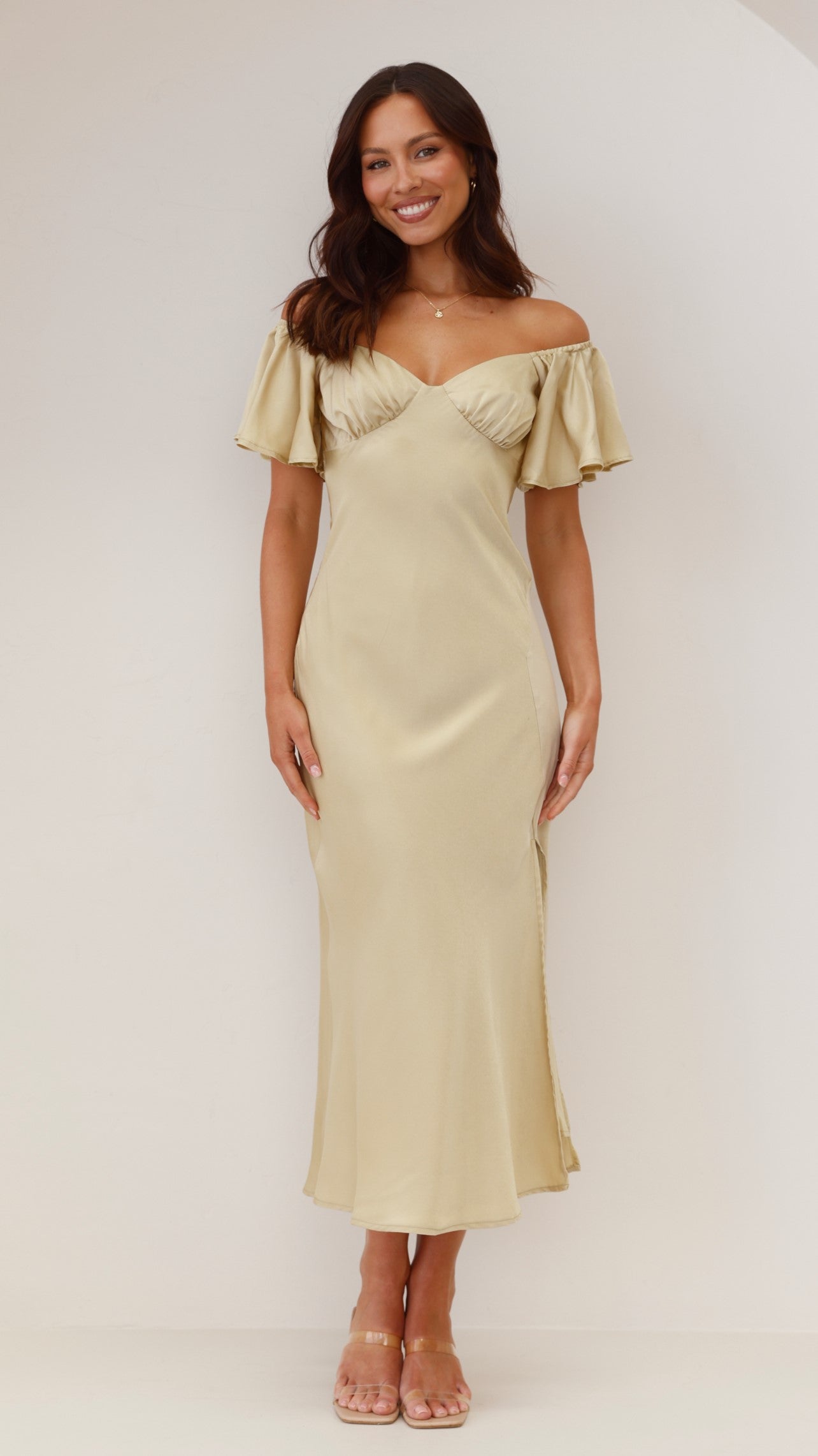 Sage green ruffle midi dress with off-shoulder design and side split