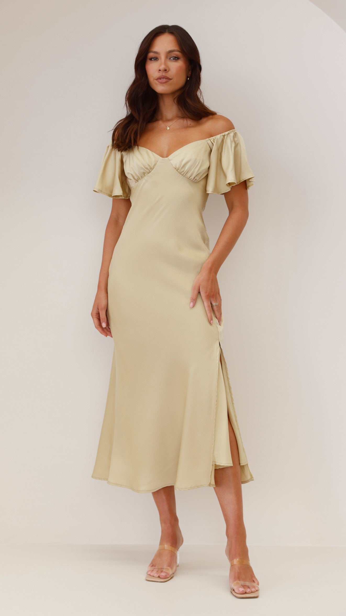 Cream midi dress with off-shoulder ruffle sleeves and high side slit front view