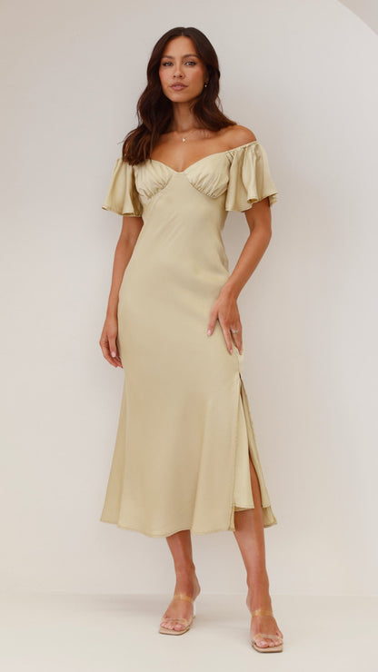 Cream midi dress with off-shoulder ruffle sleeves and high side slit front view