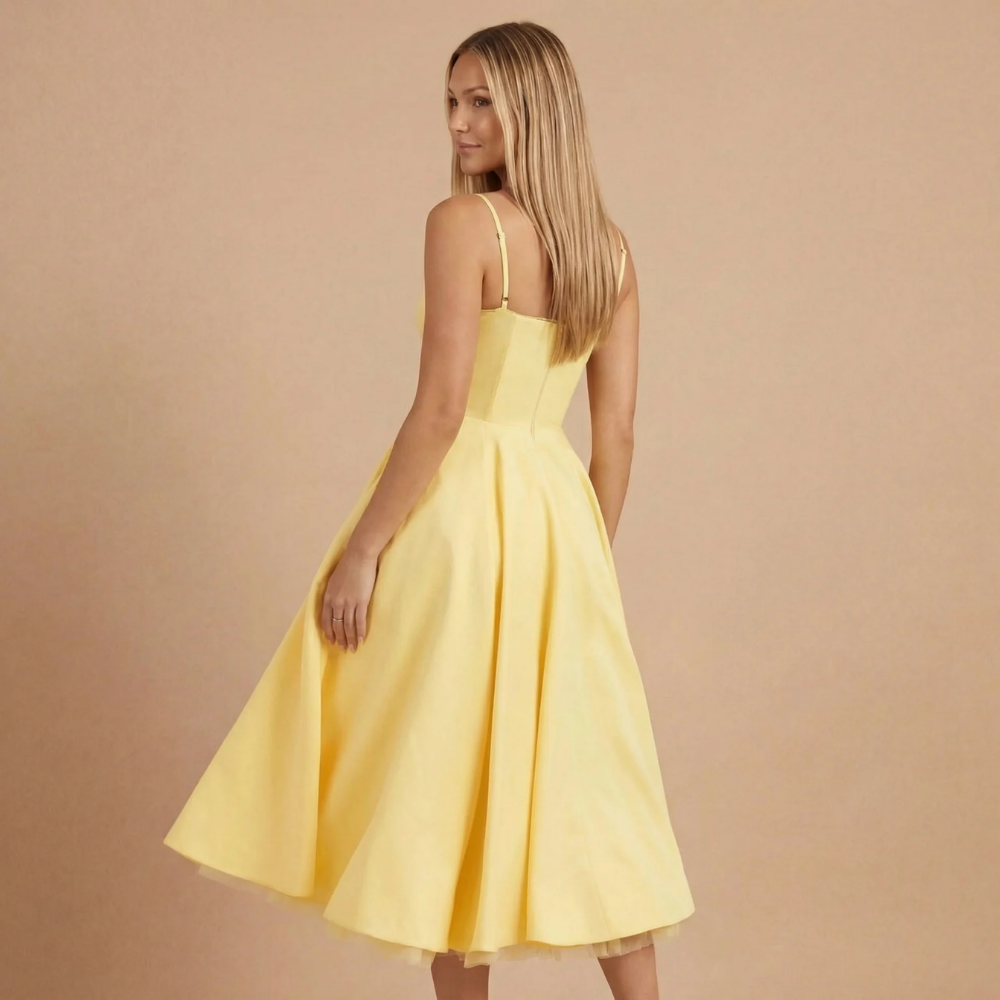 Side view of pale yellow midi dress showing sweetheart neckline and full skirt