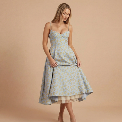 Blue floral sweetheart midi dress with tulle lining and pockets