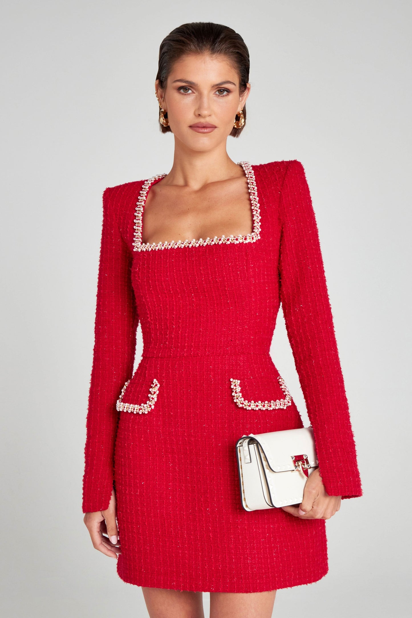 Red tweed dress with pearl-trimmed square neckline and pockets