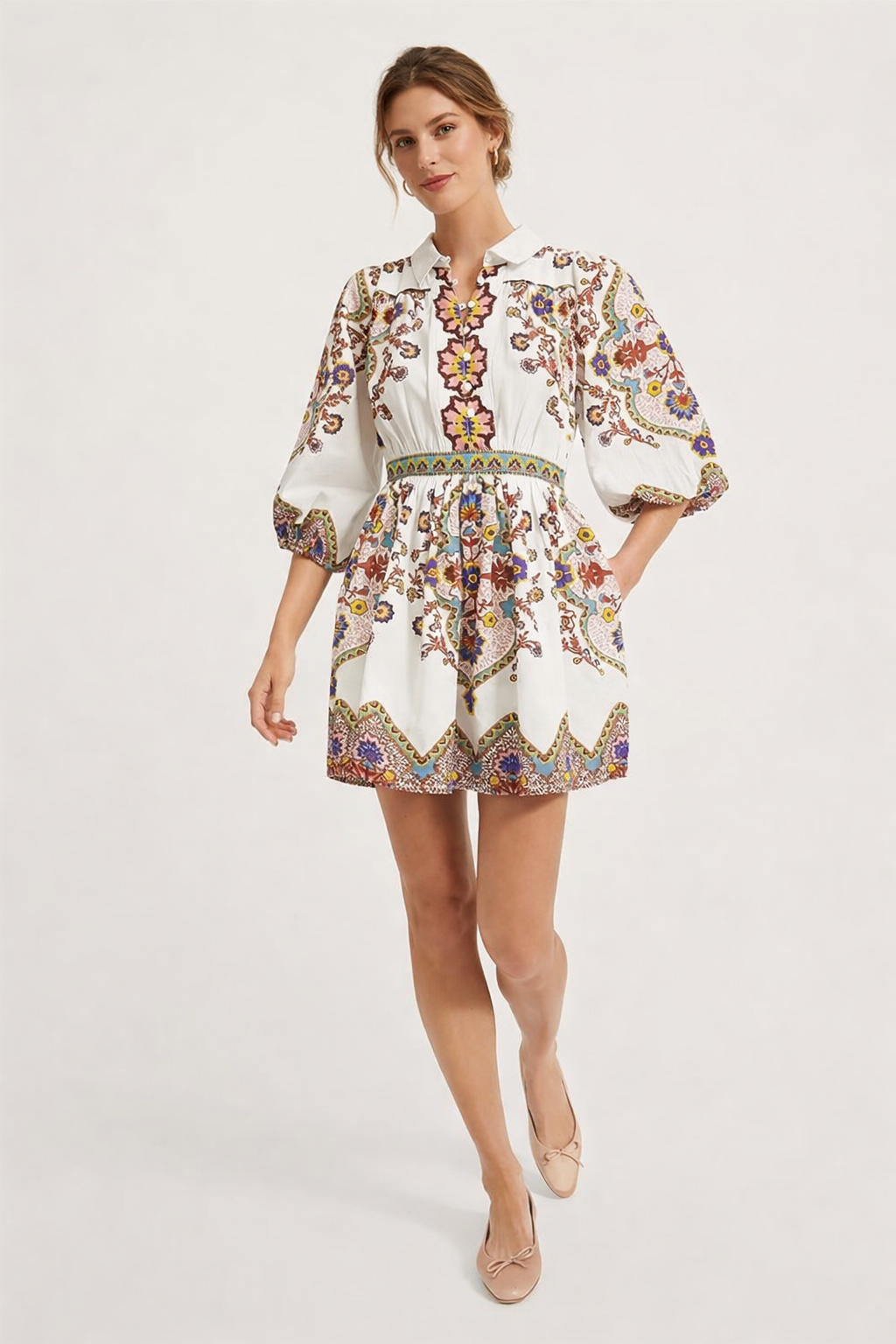 Enid Printed Puff Sleeve Mini Dress - White Paisley