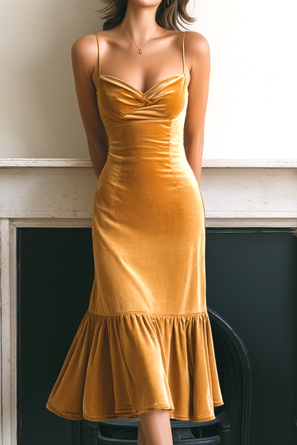 Enola Velvet Cowl Neck Midi Dress - Golden Yellow