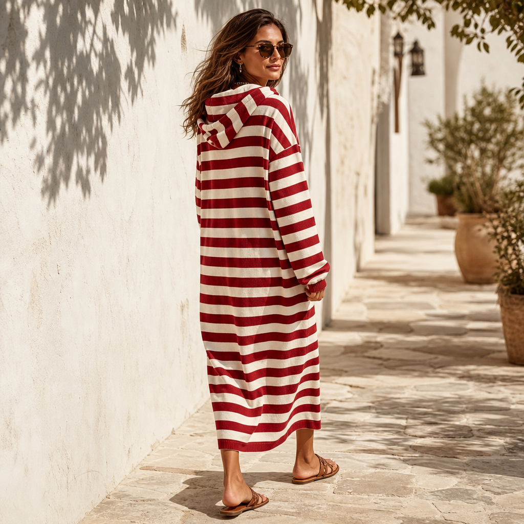 Erika Striped Hooded Maxi Dress - Red