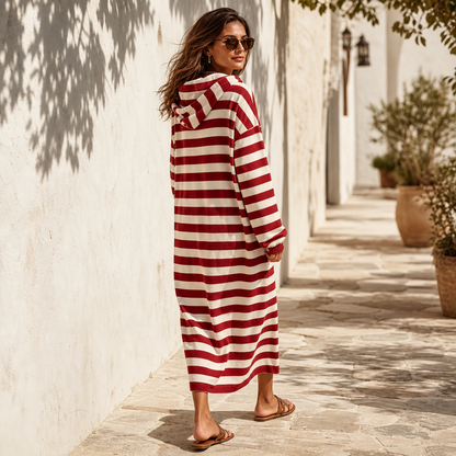Erika Striped Hooded Maxi Dress - Red