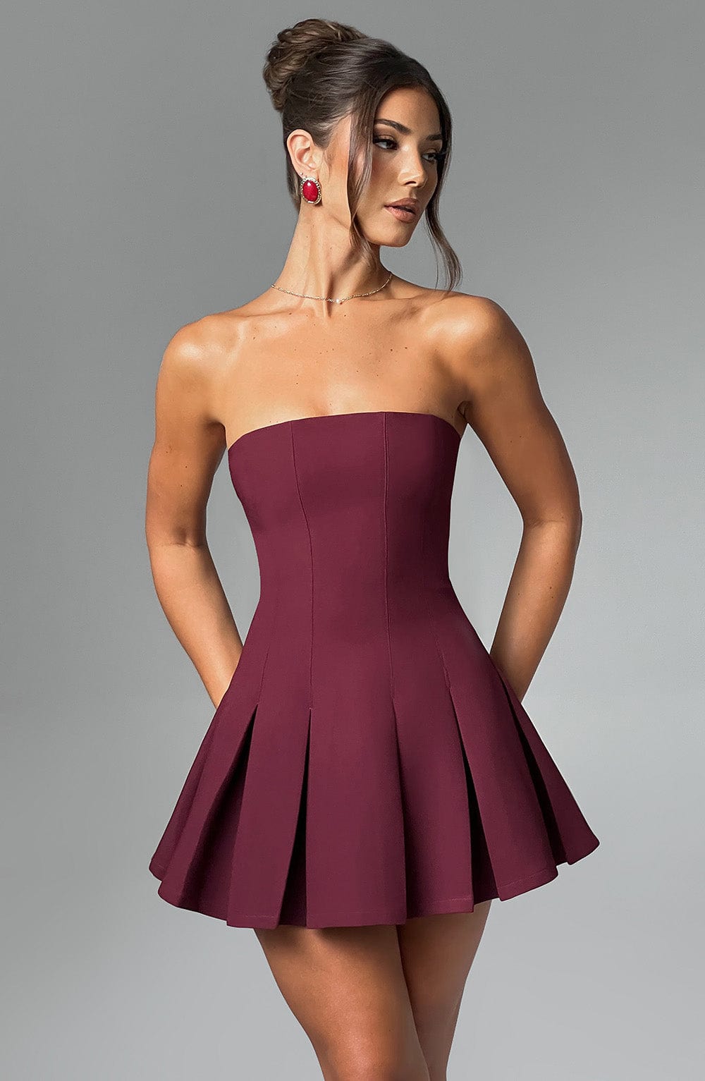Esme Flared Strapless Mini Dress - Cherry