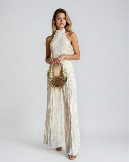 Cream pleated halter neck pants set with wide-leg trousers and open back top for women