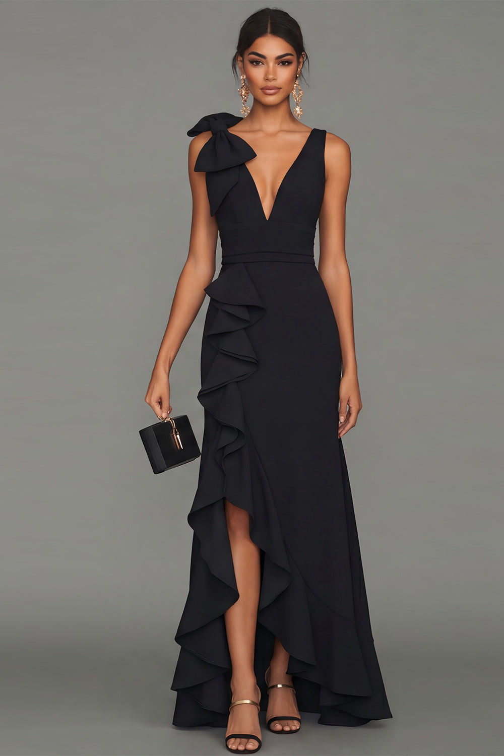 Estrella Bow Ruffle Maxi Dress - Black