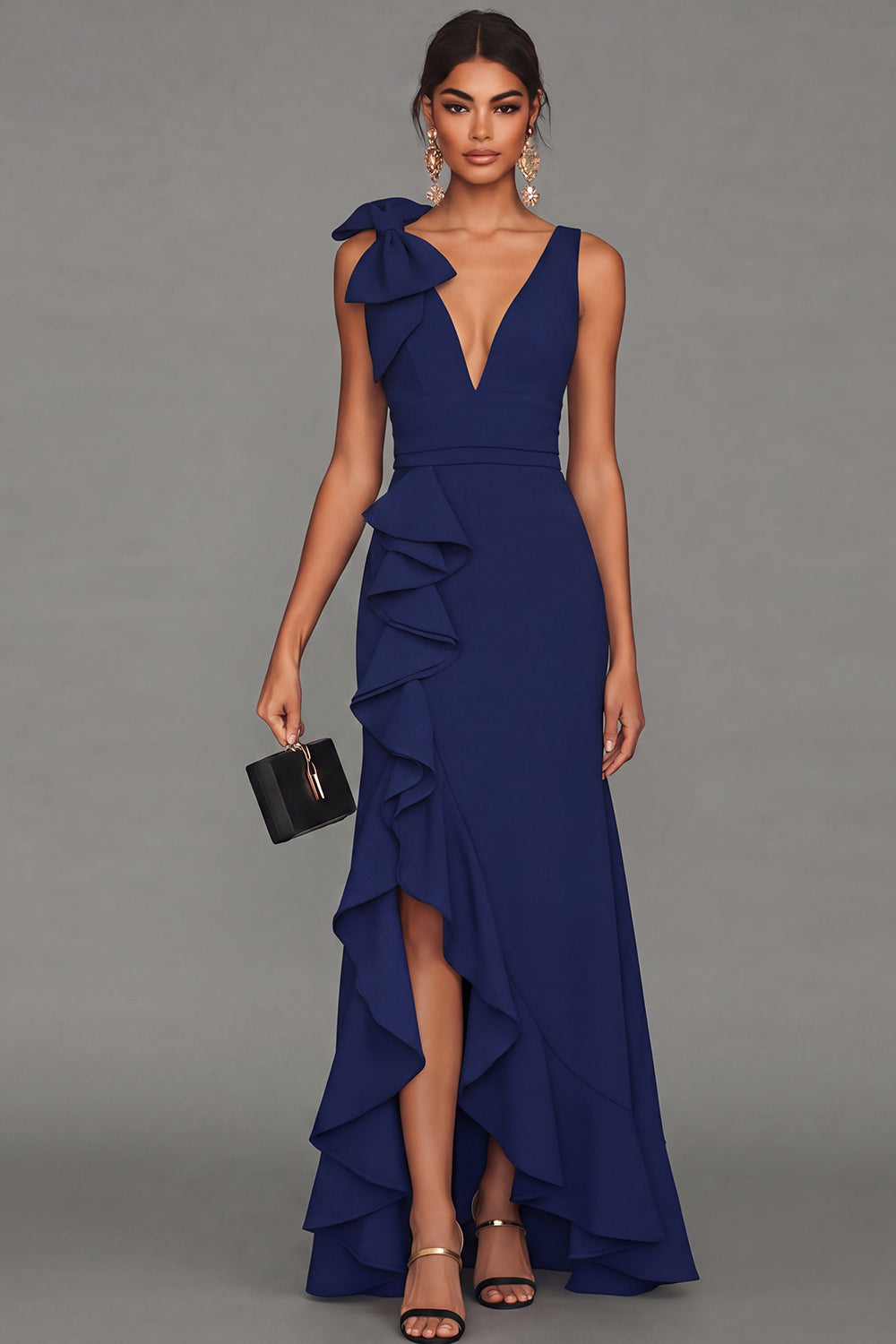 Estrella Bow Ruffle Maxi Dress - Dark Navy
