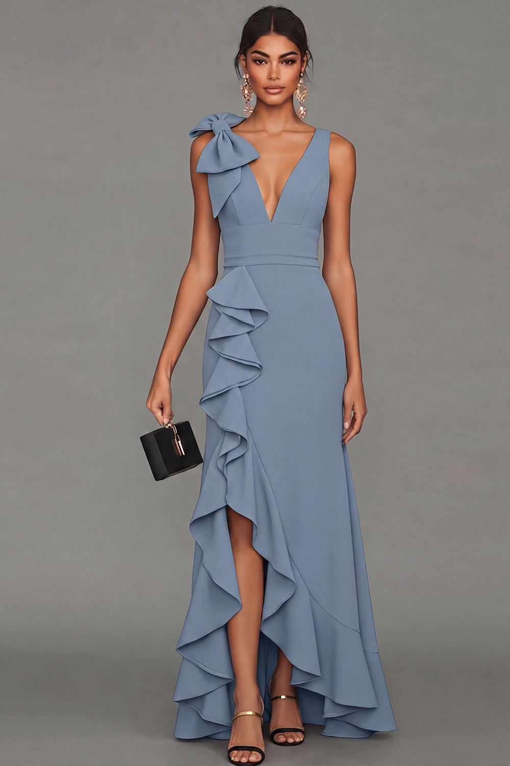 Estrella Bow Ruffle Maxi Dress - Dusty Blue
