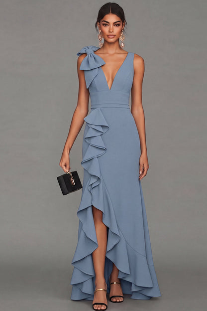 Estrella Bow Ruffle Maxi Dress - Dusty Blue