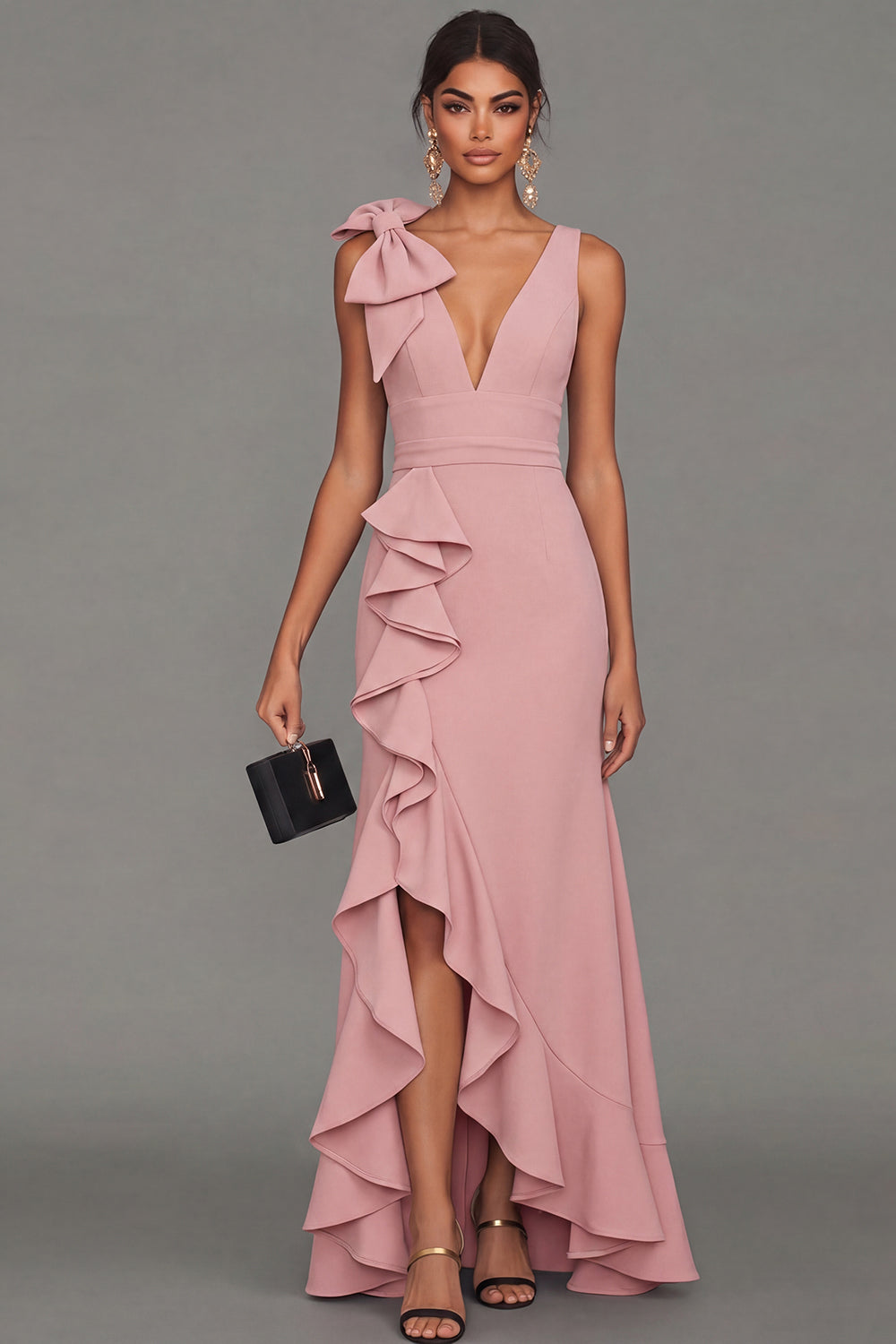 Estrella Bow Ruffle Maxi Dress - Dusty Rose