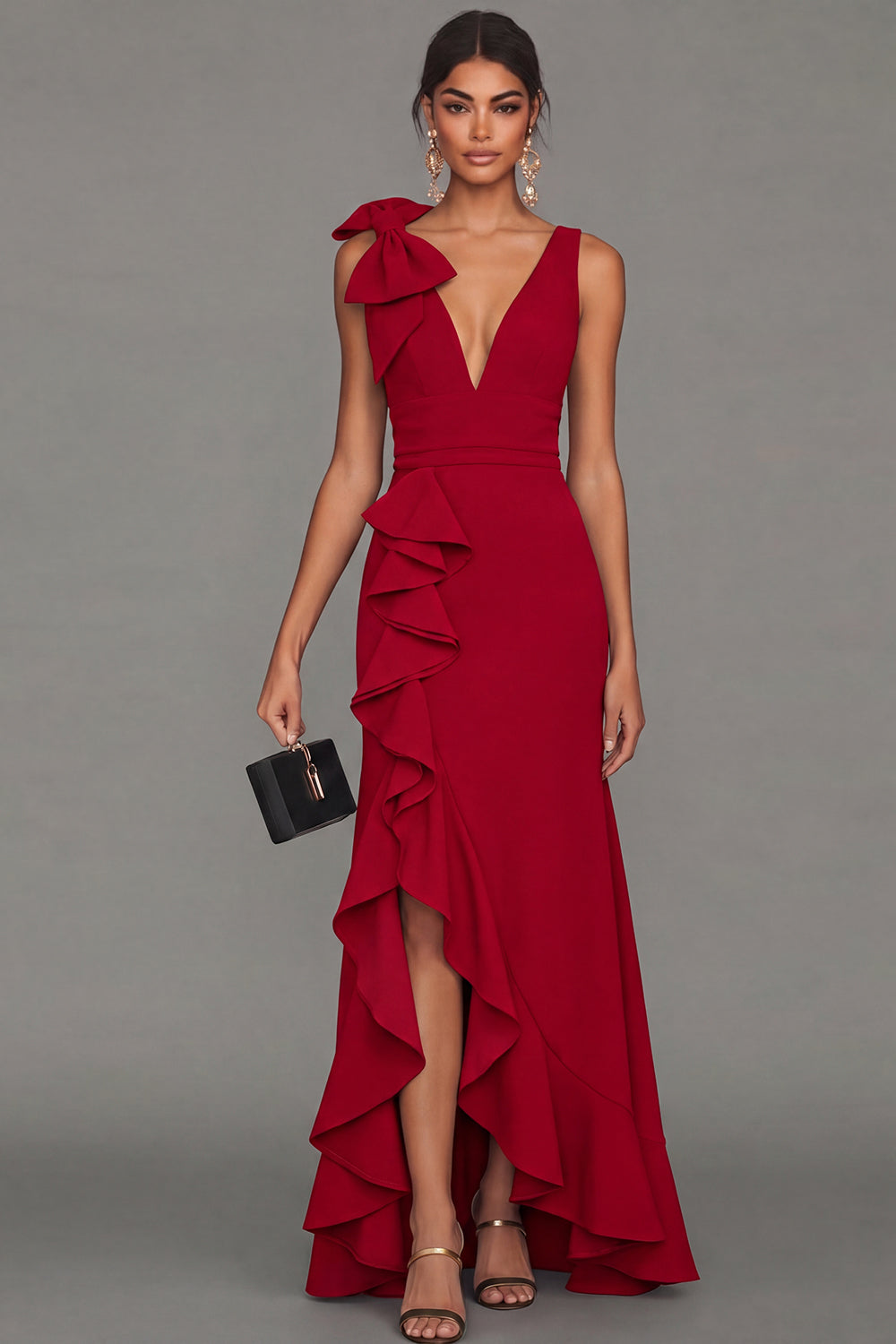 Estrella Bow Ruffle Maxi Dress - Red