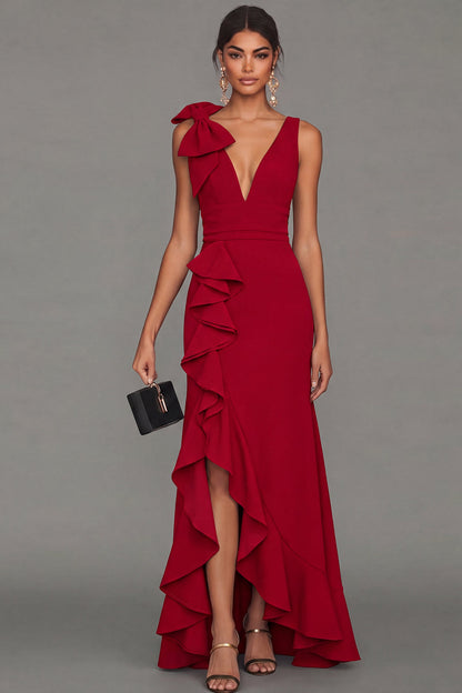 Estrella Bow Ruffle Maxi Dress - Red