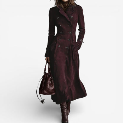 Eulalia Double-Breasted Long Trench Coat - Burgundy