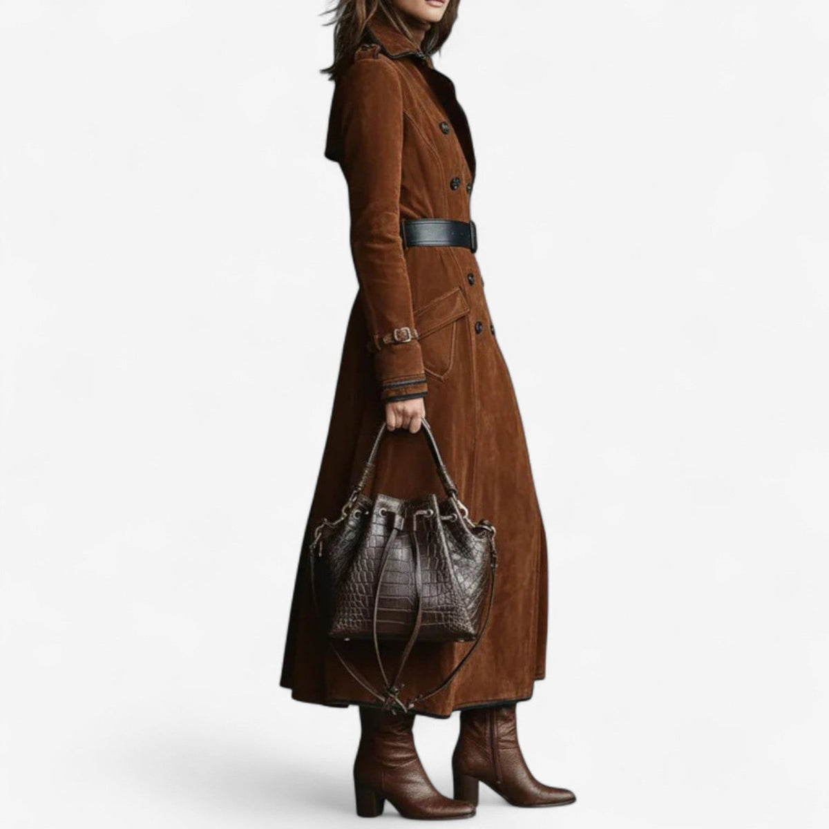 Eulalia Double-Breasted Long Trench Coat - Caramel Brown