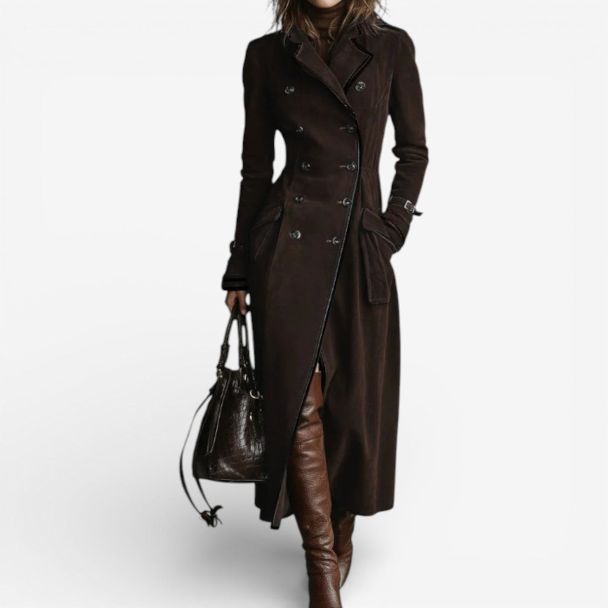 Eulalia Double-Breasted Long Trench Coat - Espresso Brown