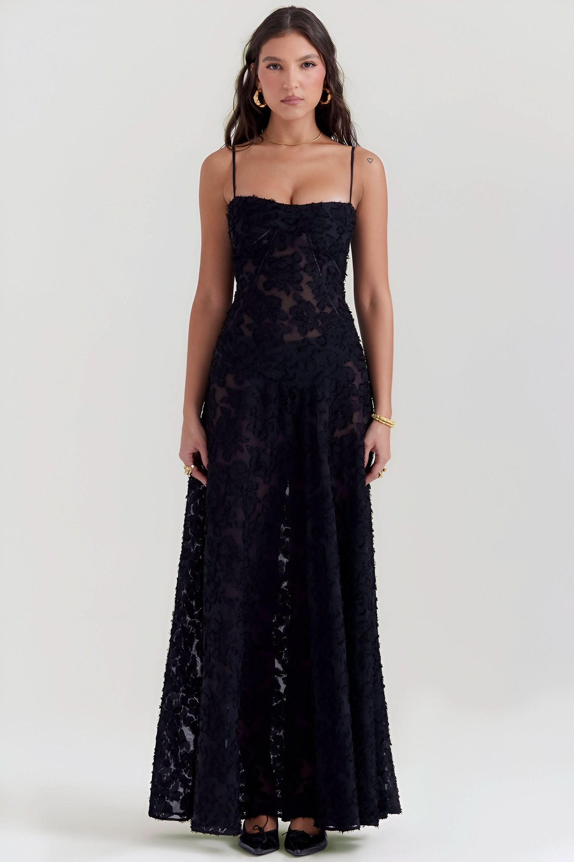 Black textured lace maxi dress with thin straps full length