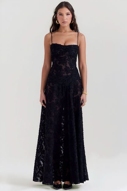 Black floral lace maxi dress with spaghetti straps detail