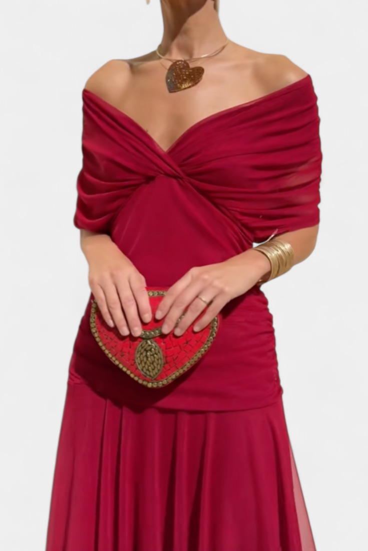 Deep red ruched maxi dress with off-shoulder wrap neckline and gathered bodice