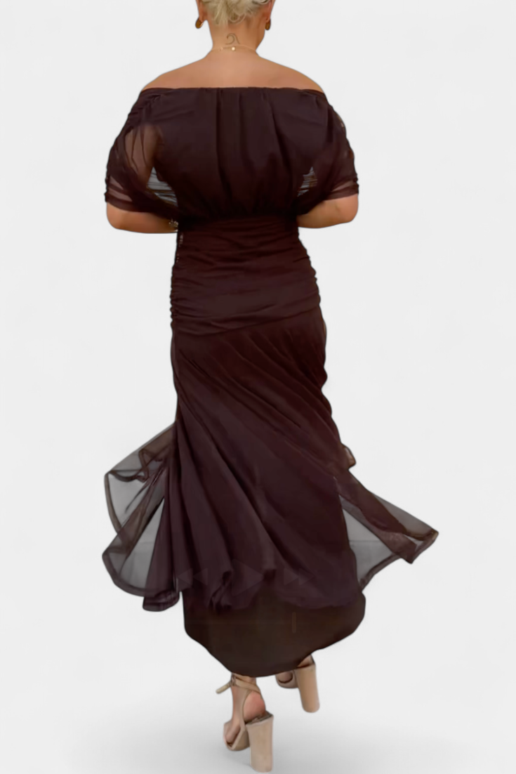 Rear view brown off-shoulder ruched maxi dress full length