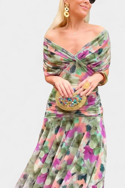 Pink magenta green watercolor print ruched maxi dress detail