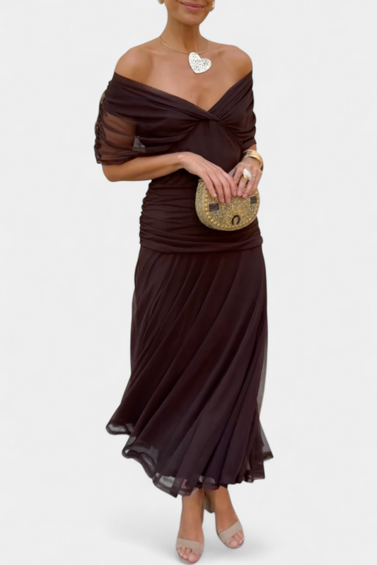 Chocolate brown off-shoulder ruched maxi dress with draped sleeves