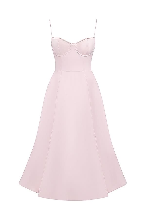 Front view of blush pink corset midi dress with boned bustier and A-line skirt