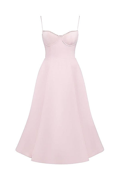 Front view of blush pink corset midi dress with boned bustier and A-line skirt