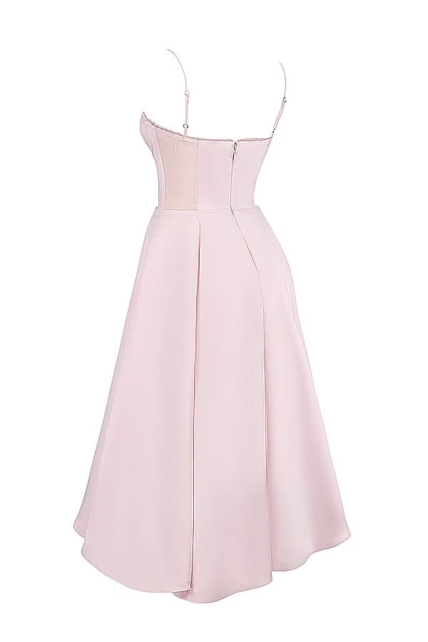 Back view of blush pink corset midi dress showing structured corset and center zip closure