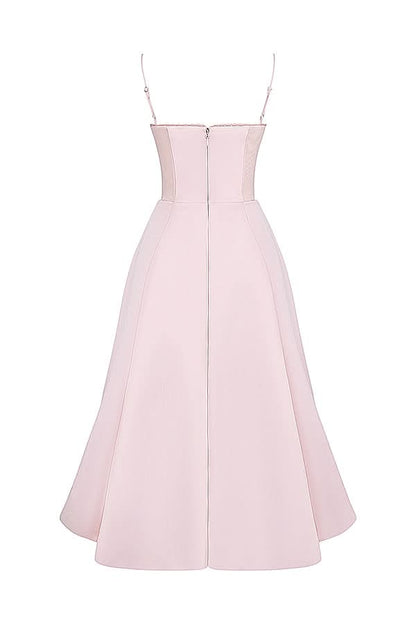 Full back view of blush pink corset midi dress with fitted bodice and voluminous skirt