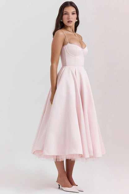 Blush corset midi dress with spaghetti straps and asymmetrical tulle skirt