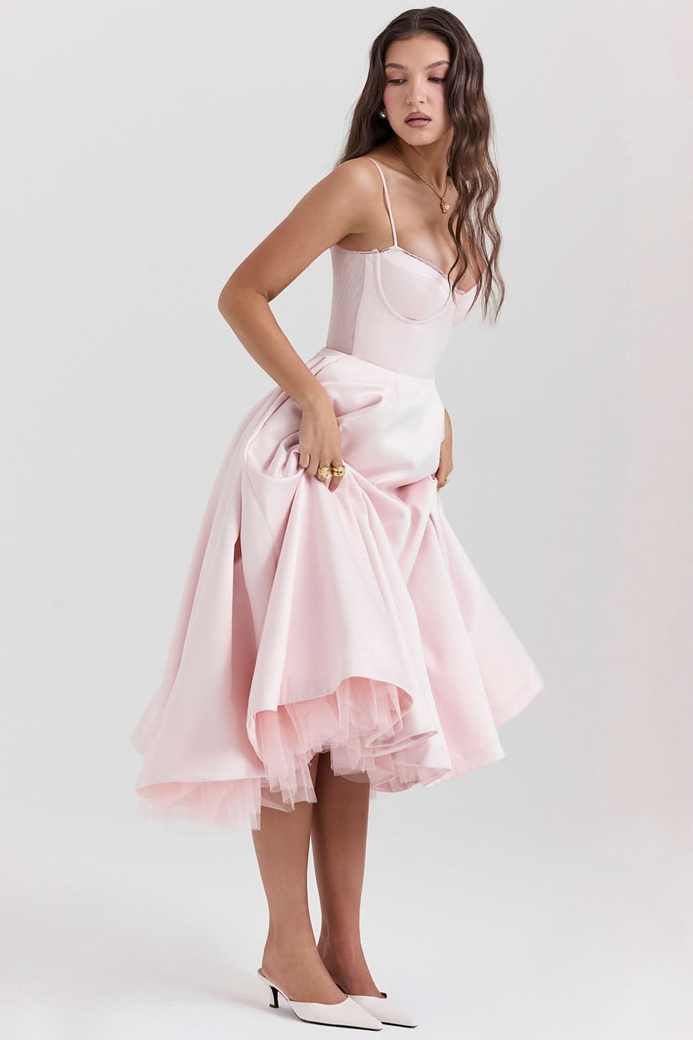 Pale pink corset midi dress with thin straps and high-low tulle skirt